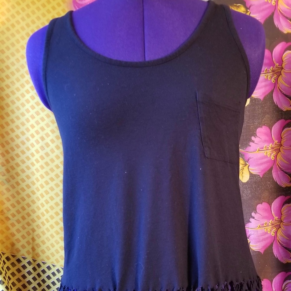 Flowy Black Tank Top with Fringe and Front Pocket
